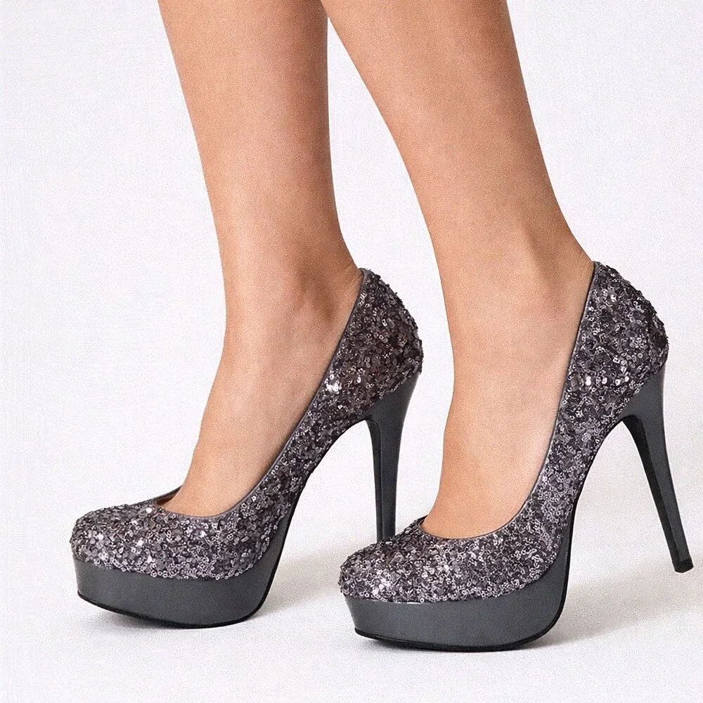 Stunning NEW Gray Sequin Bling Sparkle Vegan Leather Platform Party Pumps Shoes
